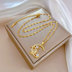 Girl's Double Moon Star Zircon Pendant Necklace - Romantic Wedding Jewelry