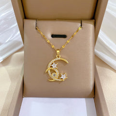 Girl's Double Moon Star Zircon Pendant Necklace - Romantic Wedding Jewelry
