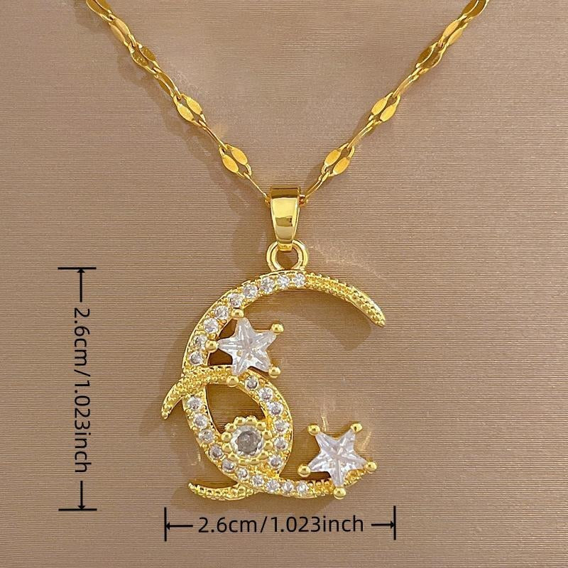 Girl's Double Moon Star Zircon Pendant Necklace - Romantic Wedding Jewelry