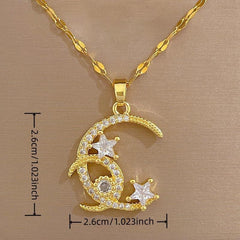 Girl's Double Moon Star Zircon Pendant Necklace - Romantic Wedding Jewelry