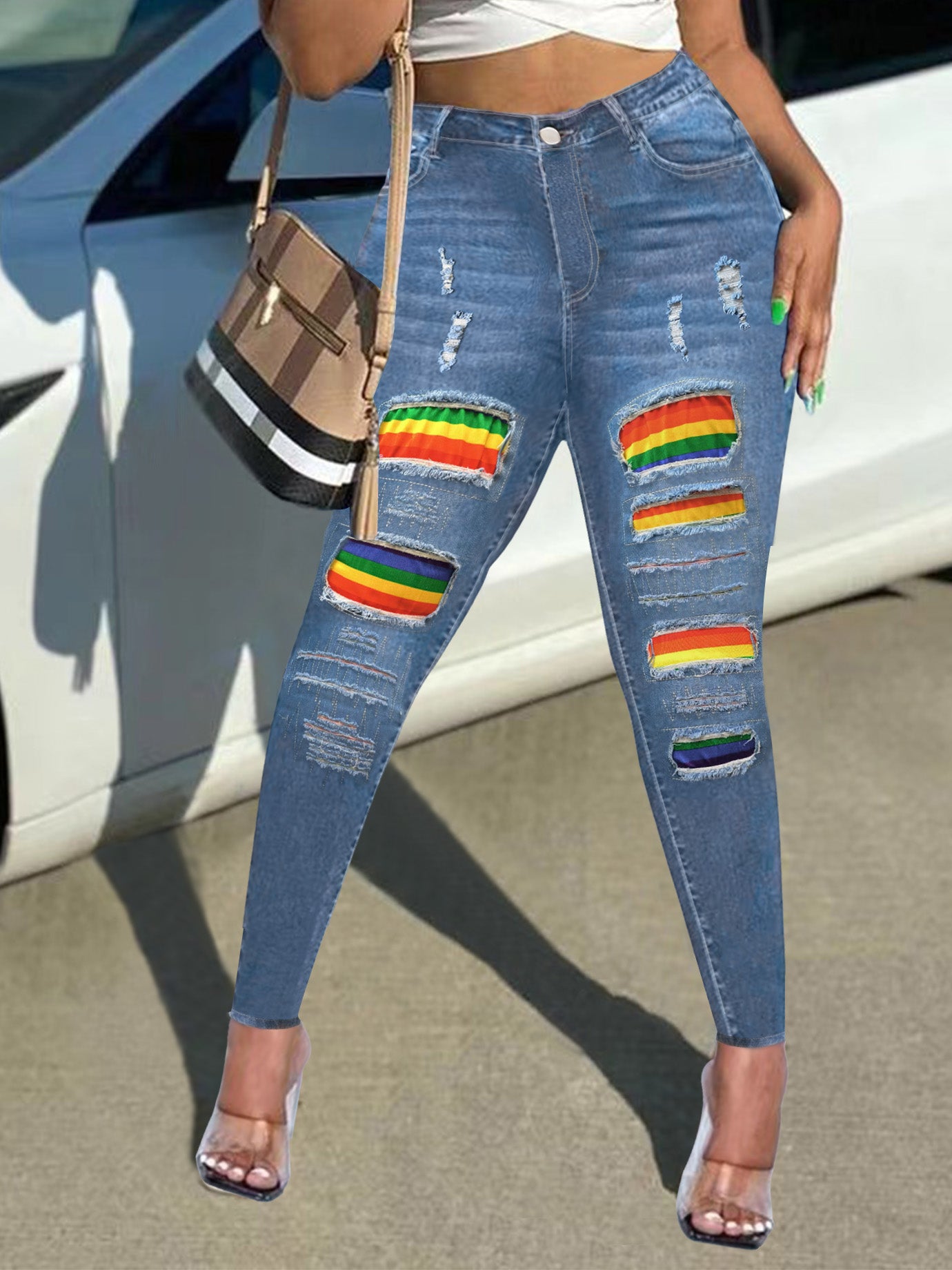 Rainbow Ripped High Rise Skinny Jeans