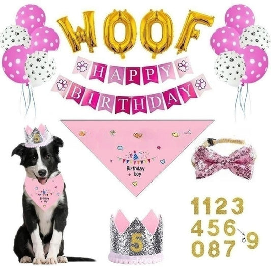 Dog Birthday Party Set Bandana Hat Banner Balloons