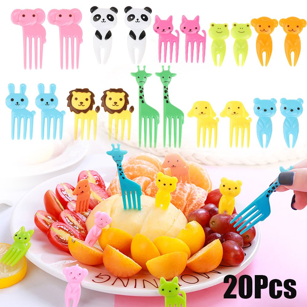 20pc Mini Forks Animal Food Picks Reusable Cartoon Snack Cake Dessert Lunch Pick