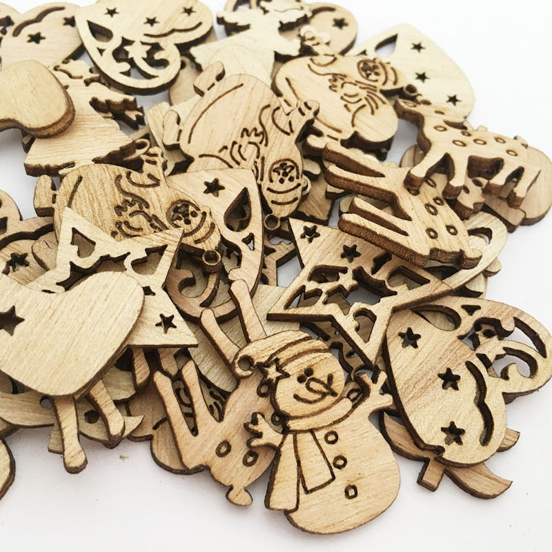 50pcs Christmas Holiday Decorations Retro Cartoon Wood Chip Models