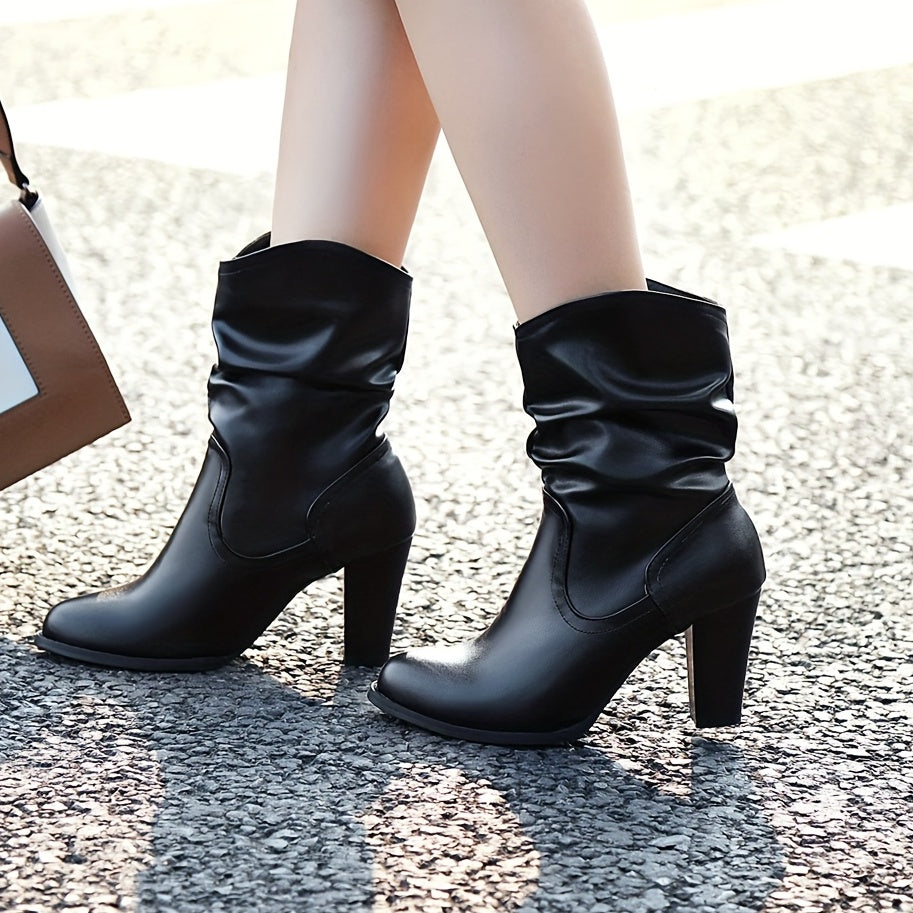 Slouchy Heeled Boots Pointed Toe V cut Slip On High Heels