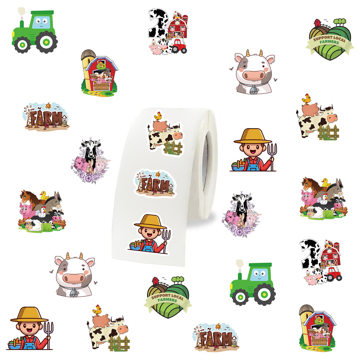 500pcs Farm Animal Sticker Roll Self Adhesive Seals for Handcrafts
