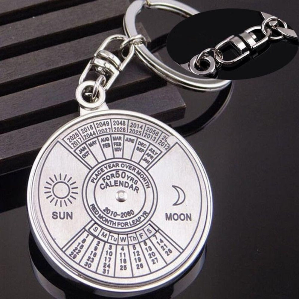 Rotating 50-Year Perpetual Calendar Keyring Compass