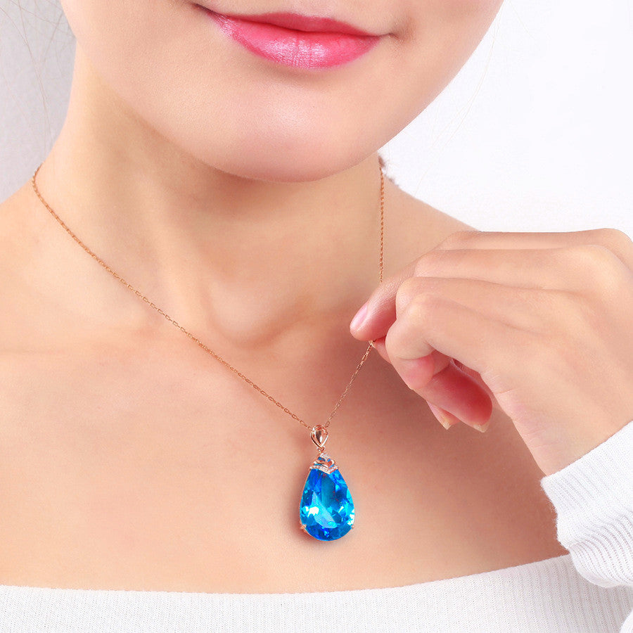 Aqua Stone Birthstone Pendant Necklace Bridal Wedding Chain Women Jewelry