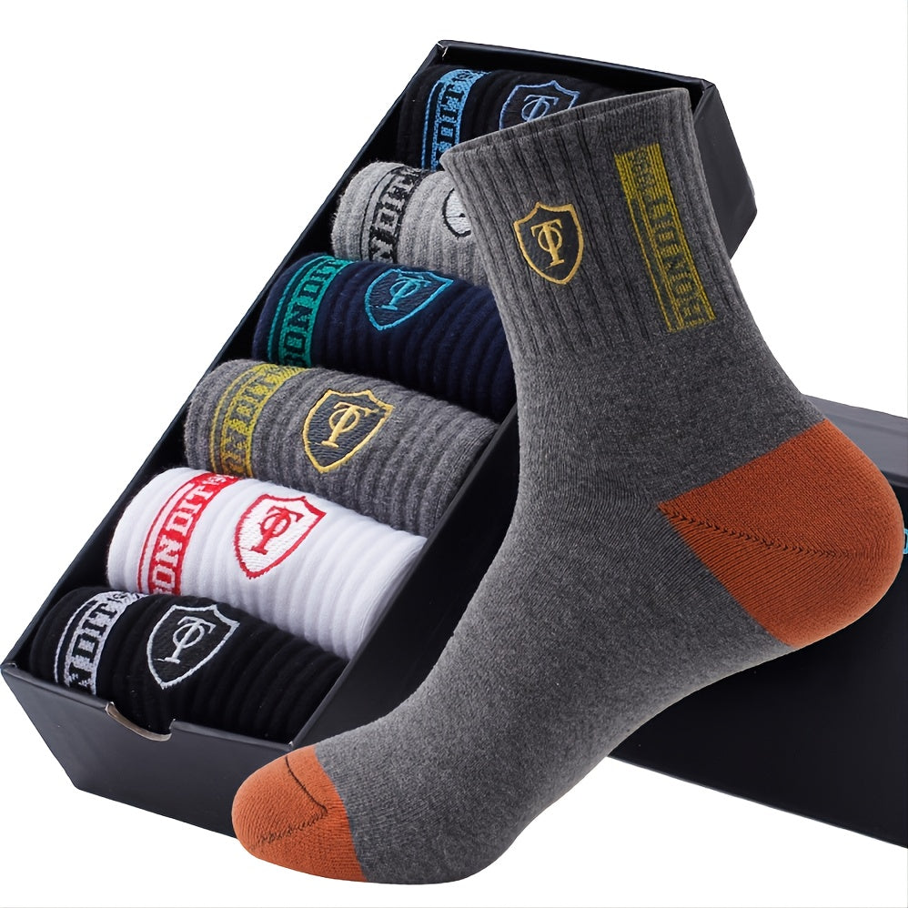 6 Pairs Men's Embroidered Mid Calf Socks