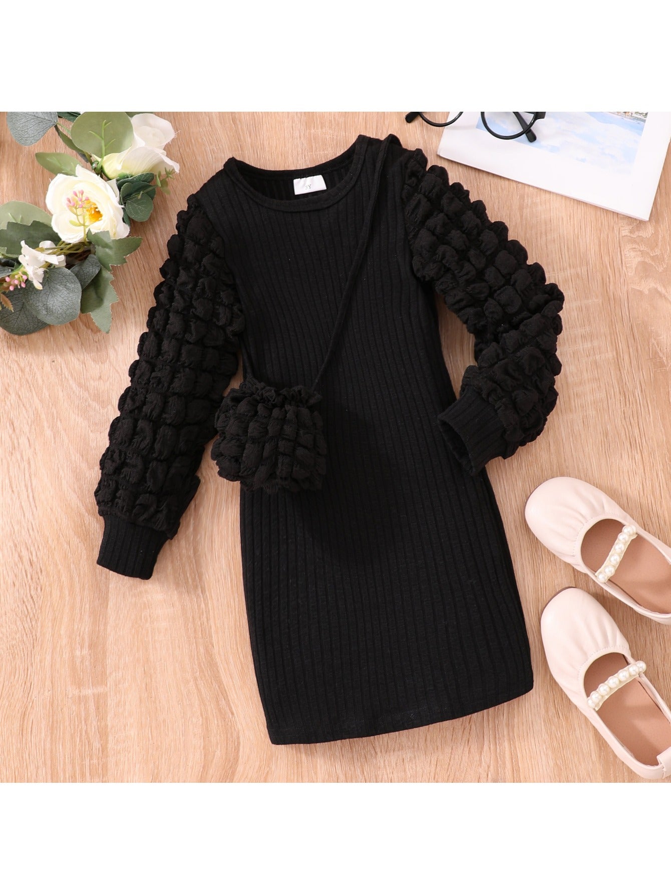 Ribbed Bodycon Girls Dress Long Sleeve Party Casual Dresses