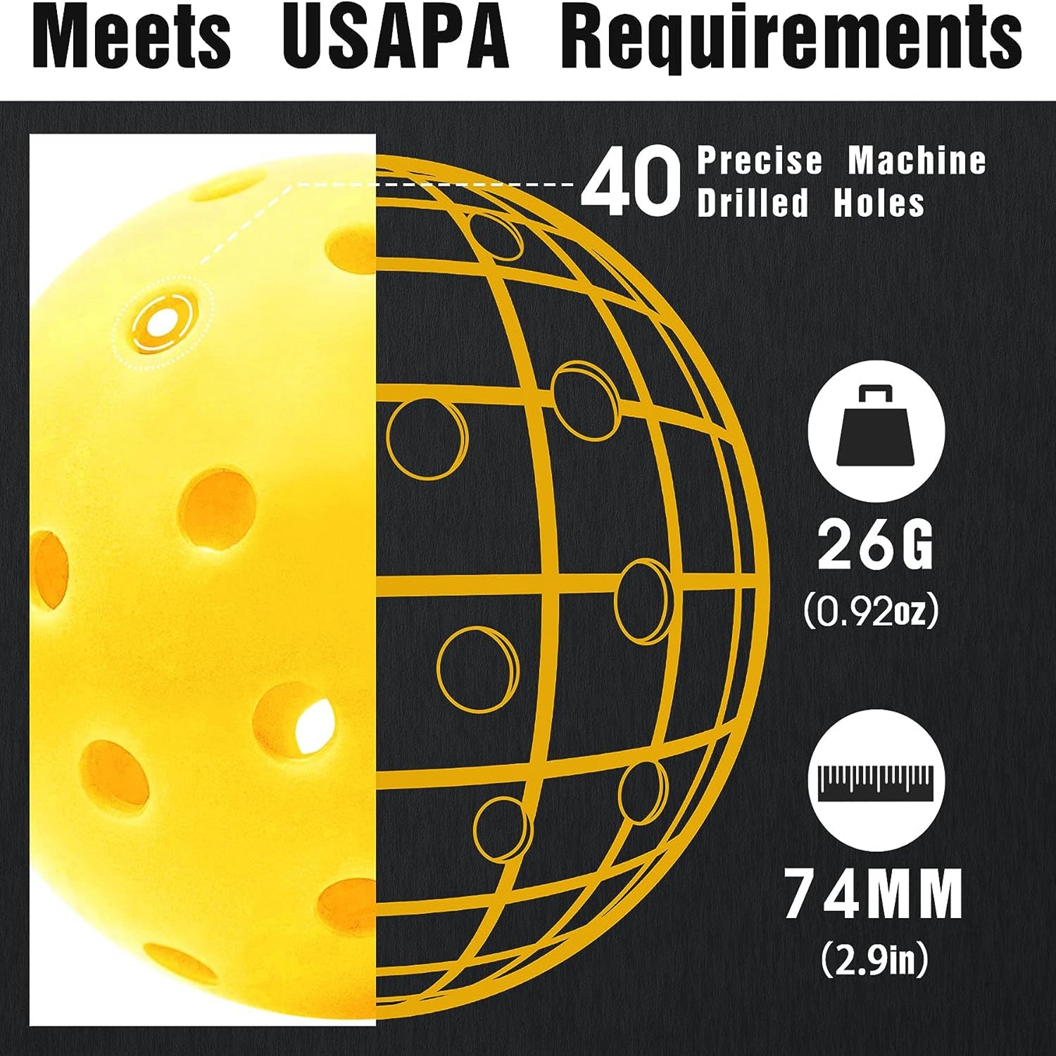6 Pack 40 Hole Yellow Pickleball Balls Outdoor High Elasticity Durable