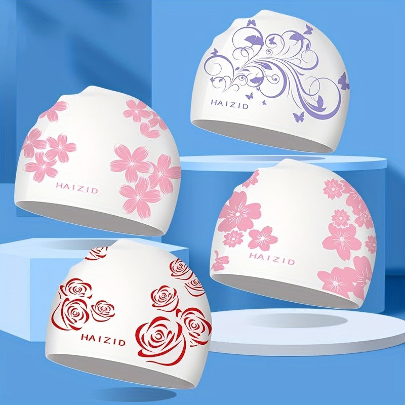 Flower Print Swim Cap PU Fabric Waterproof Bathing Cap