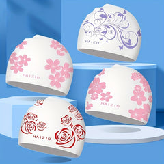 Flower Print Swim Cap PU Fabric Waterproof Bathing Cap