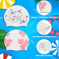 Flower Print Swim Cap PU Fabric Waterproof Bathing Cap
