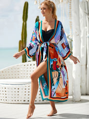 Boho Cover Up Robe Women's Plus Allover Print Half Sleeve Long Robe