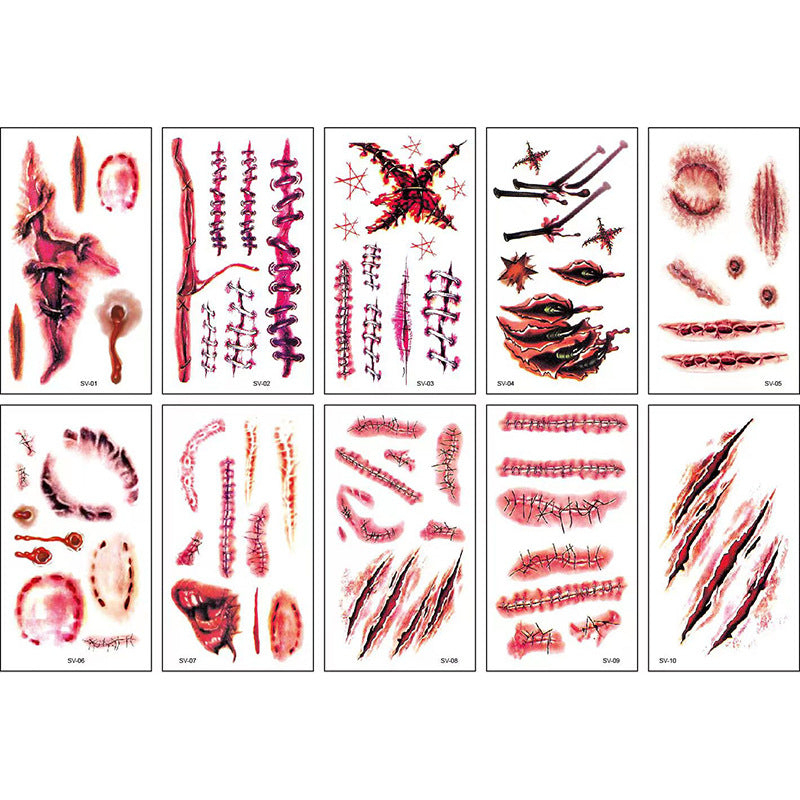 10pcs Halloween Scar Tattoo Stickers Waterproof Party Makeup Facial Stickers