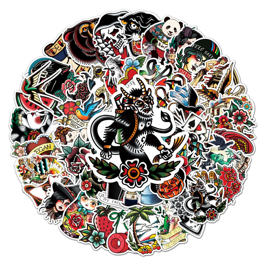 50pcs Retro Tattoo Stickers Waterproof Graffiti for Motorcycle Laptop Helmet