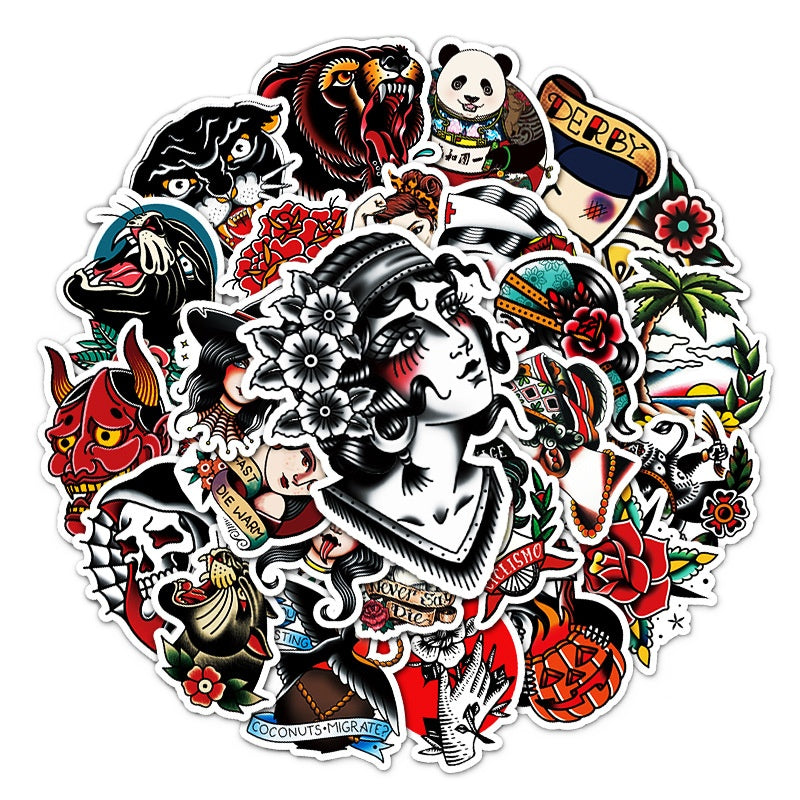 50pcs Retro Tattoo Stickers Waterproof Graffiti for Motorcycle Laptop Helmet