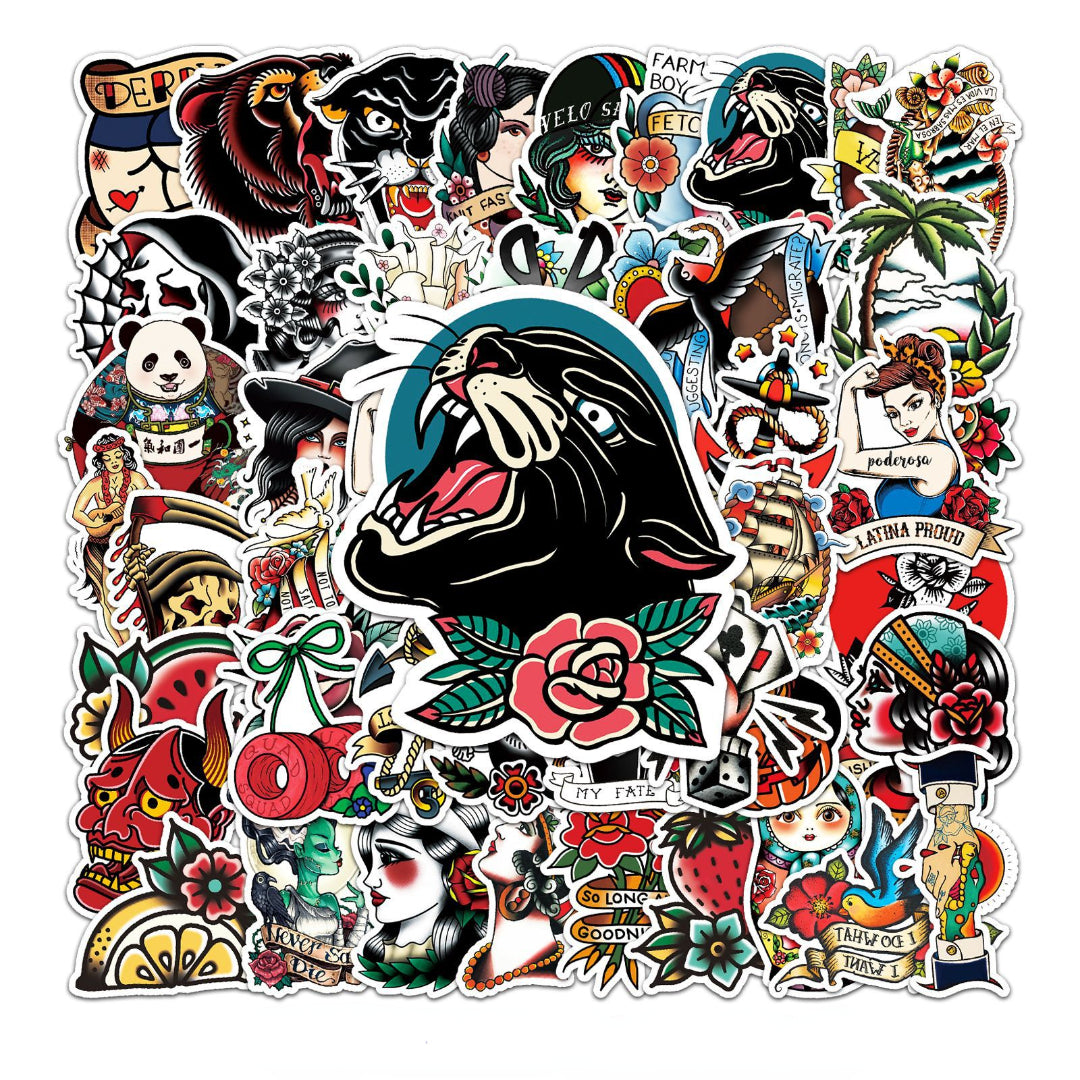 50pcs Retro Tattoo Stickers Waterproof Graffiti for Motorcycle Laptop Helmet