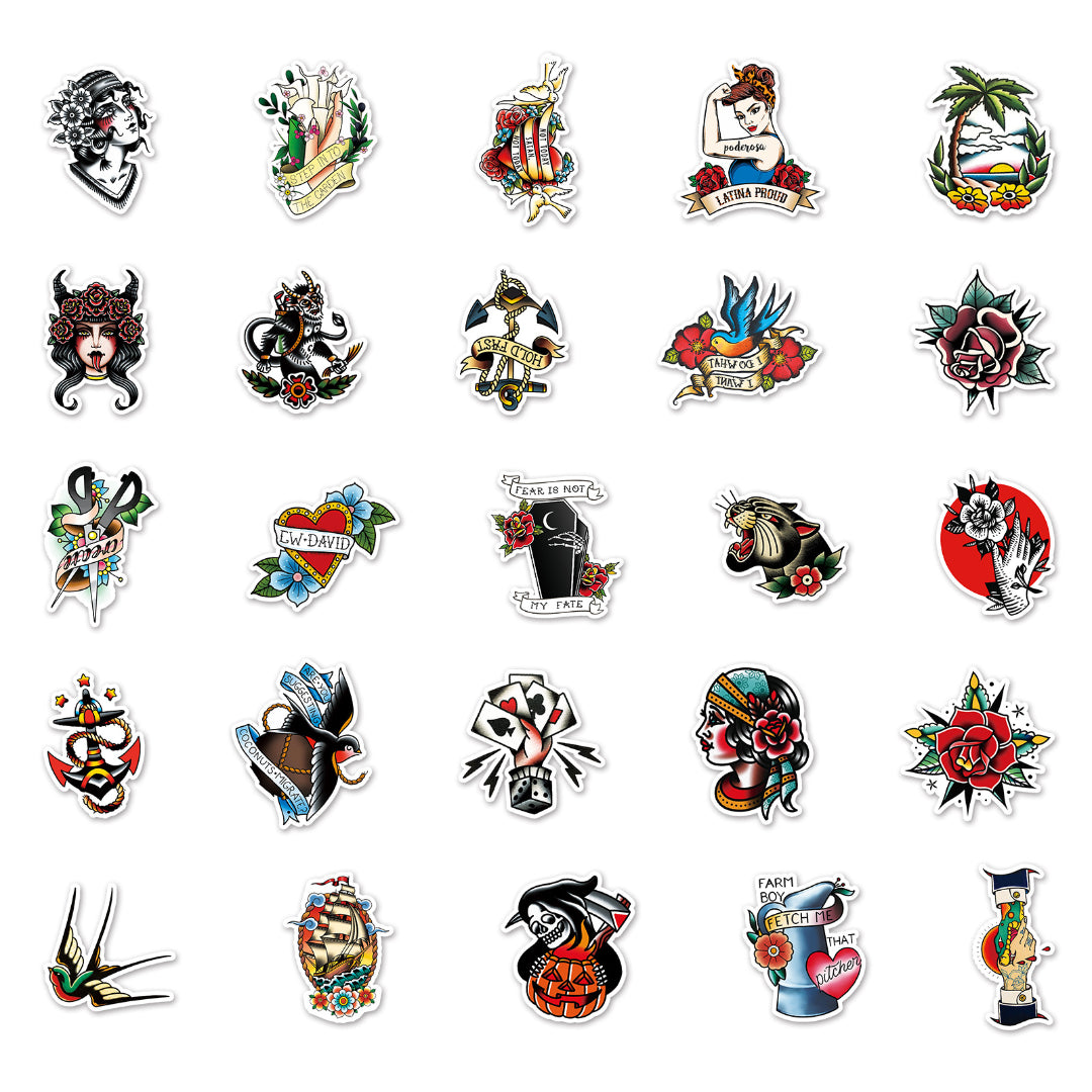 50pcs Retro Tattoo Stickers Waterproof Graffiti for Motorcycle Laptop Helmet