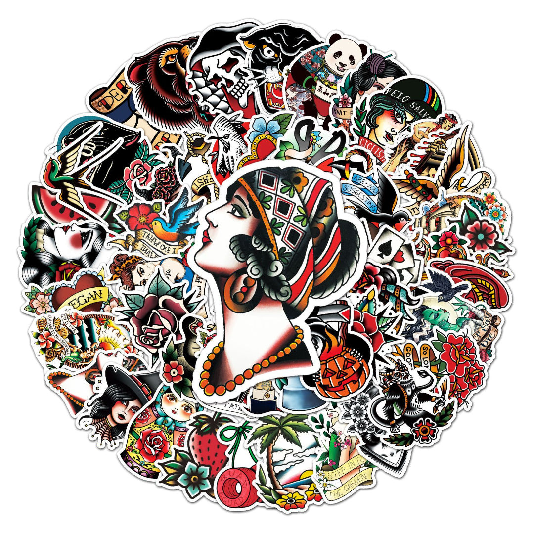 50pcs Retro Tattoo Stickers Waterproof Graffiti for Motorcycle Laptop Helmet