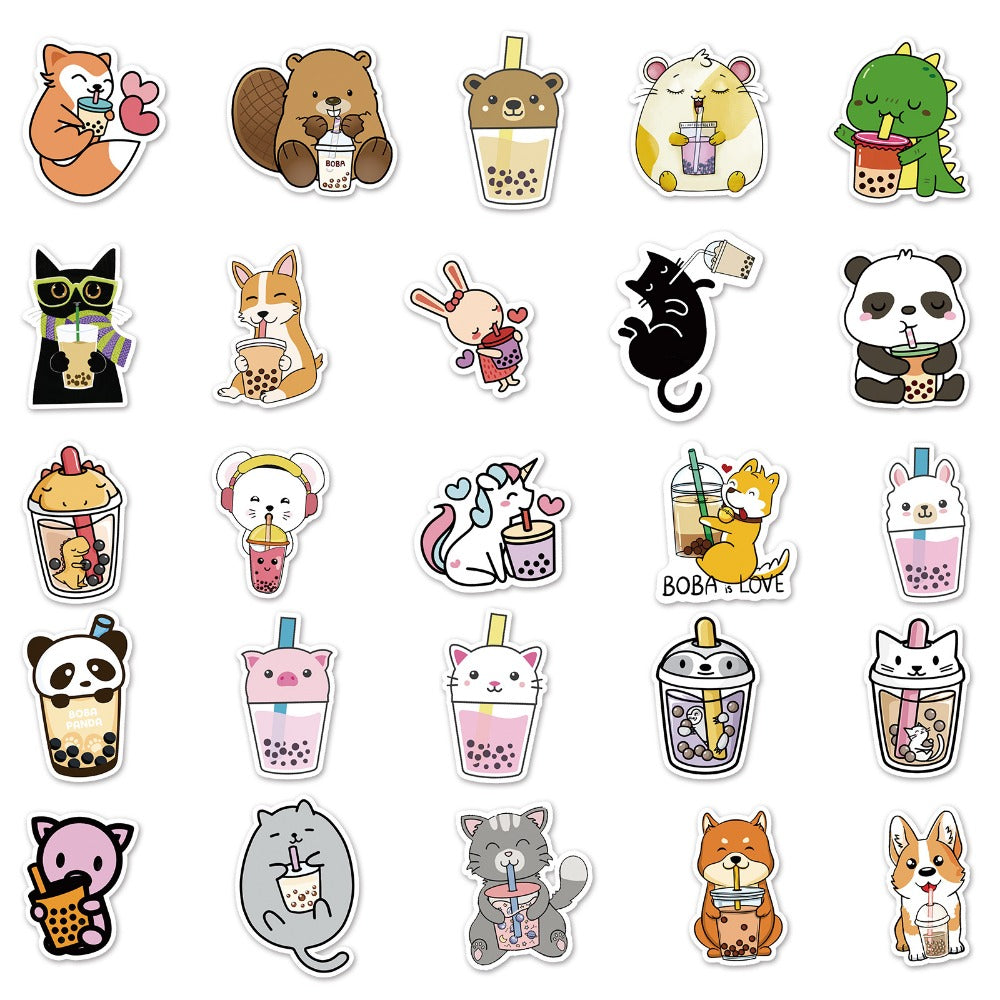 50pcs Animal Drinking Milk Tea Series Waterproof Graffiti Stickers