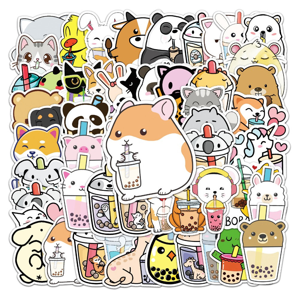 50pcs Animal Drinking Milk Tea Series Waterproof Graffiti Stickers