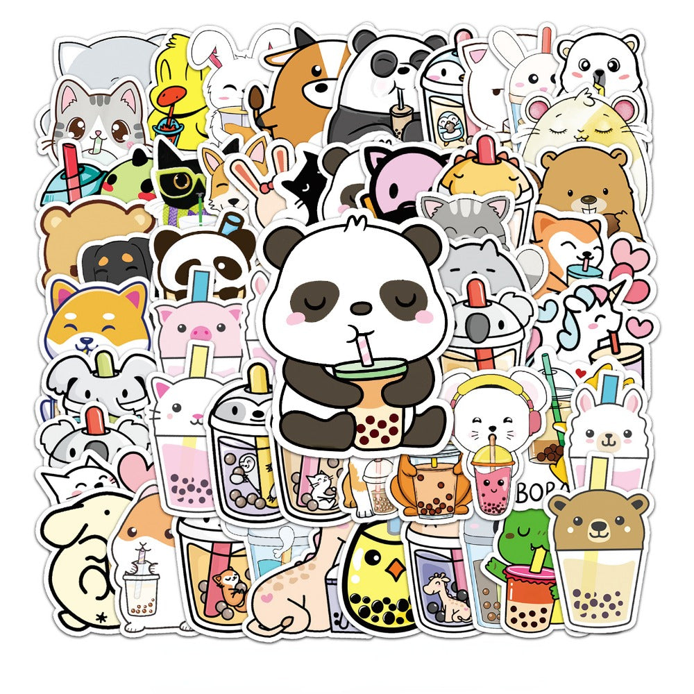 50pcs Animal Drinking Milk Tea Series Waterproof Graffiti Stickers
