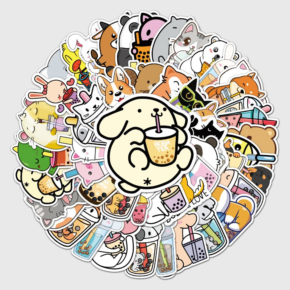 50pcs Animal Drinking Milk Tea Series Waterproof Graffiti Stickers
