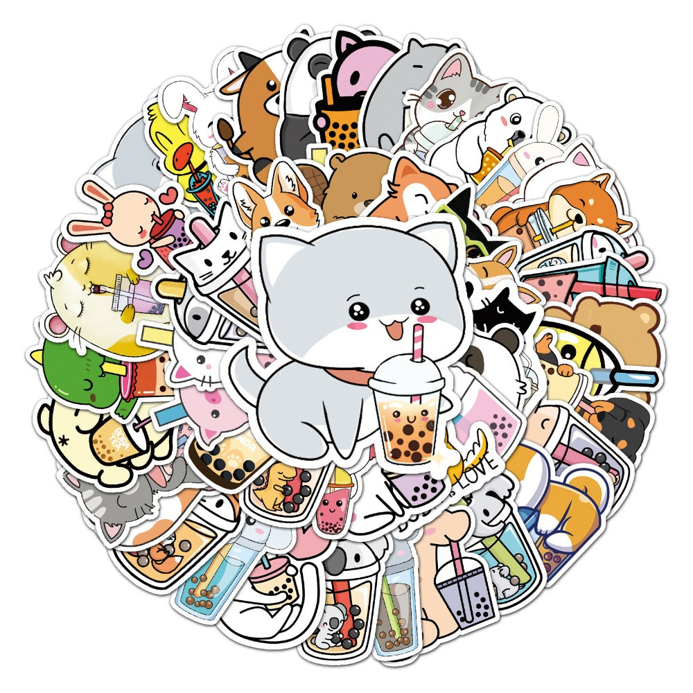 50pcs Animal Drinking Milk Tea Series Waterproof Graffiti Stickers