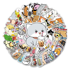 50pcs Animal Drinking Milk Tea Series Waterproof Graffiti Stickers