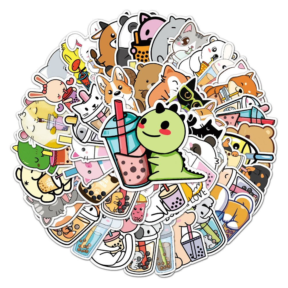 50pcs Animal Drinking Milk Tea Series Waterproof Graffiti Stickers