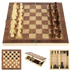 Solid Wood Chess Set 3 in 1 Foldable Board Game for Fun Puzzle Solving