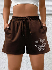 Sports Shorts Women's Plus Butterfly Print Elastic Drawstring H...