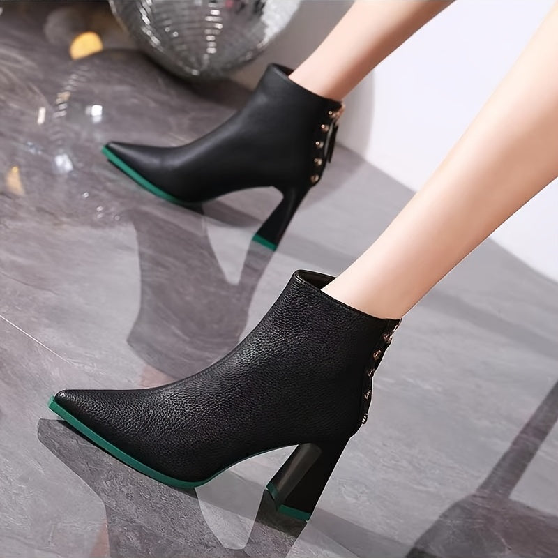 Chunky Heel Ankle Boots Zip Pointed Toe High Short Boots