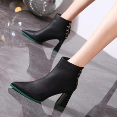 Chunky Heel Ankle Boots Zip Pointed Toe High Short Boots