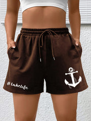 Anchor Print High Rise Sports Shorts With Pockets