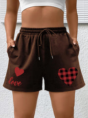 Gingham Heart & Letter Print Sports Shorts with Pockets