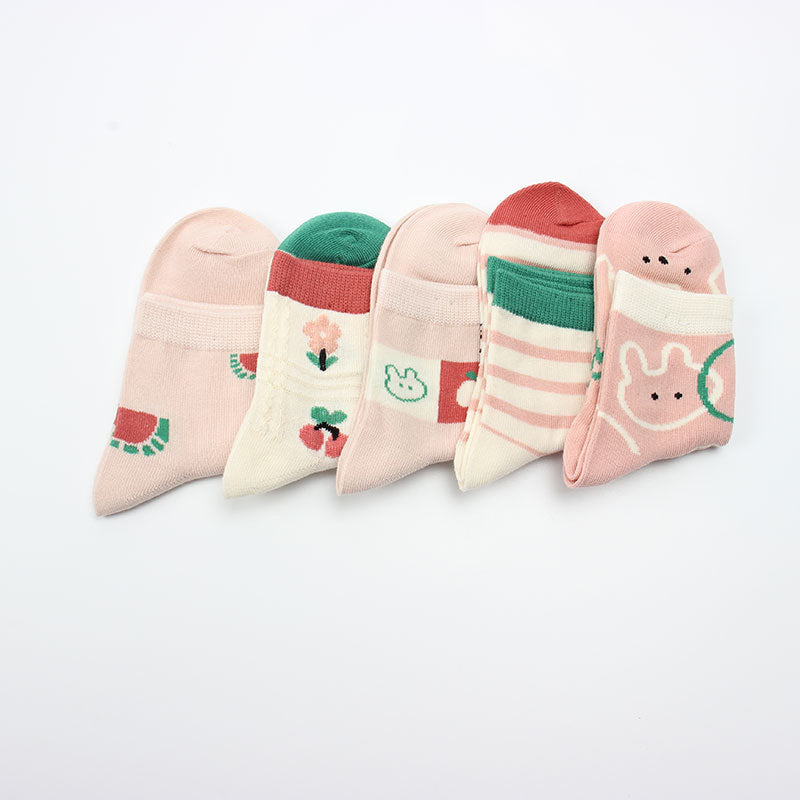 5Pairs Girls Kids Cartoon Crew Socks for Spring Summer