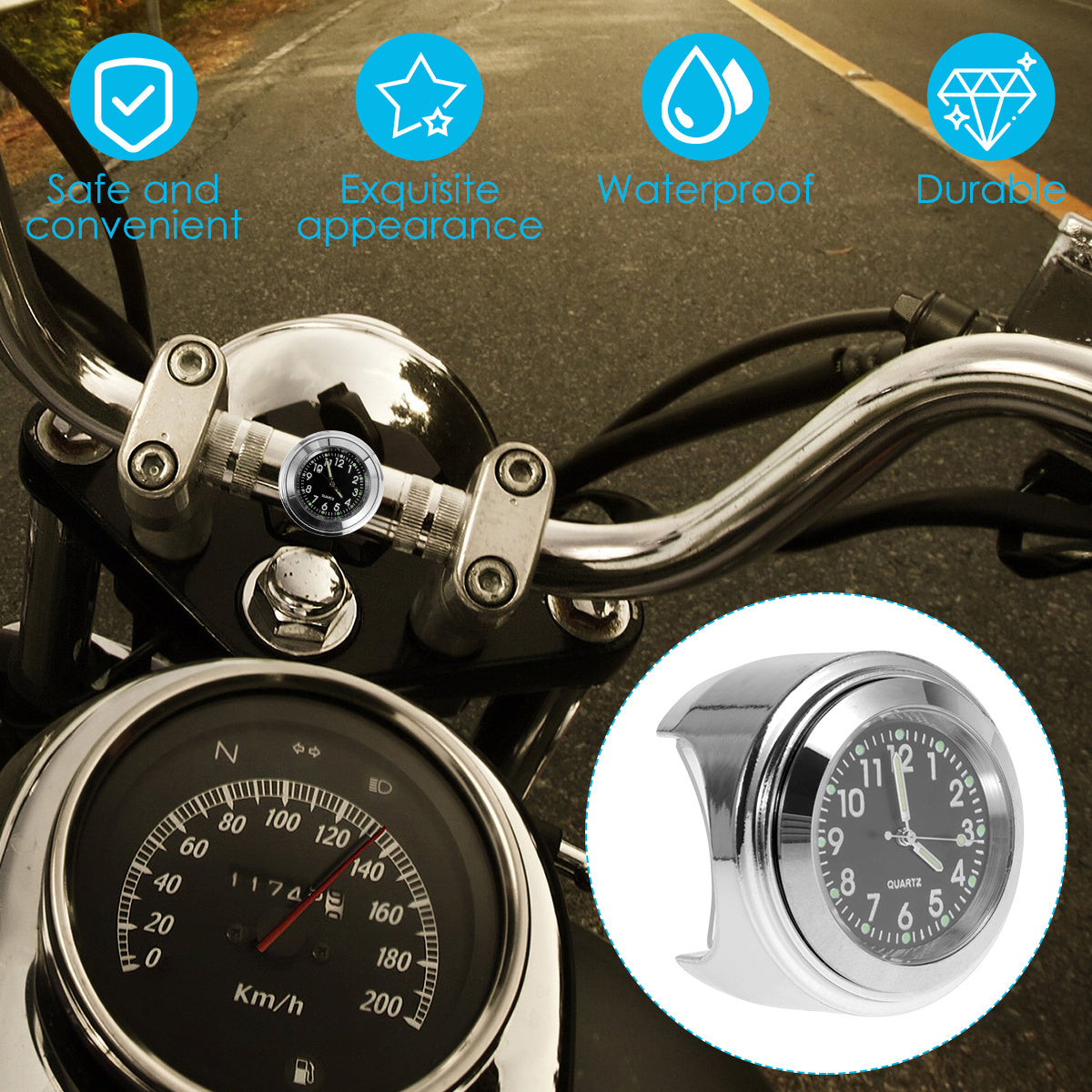 Waterproof Motorcycle Handlebar Watch Aluminum Clock Universal 17 78 20 32 Cm