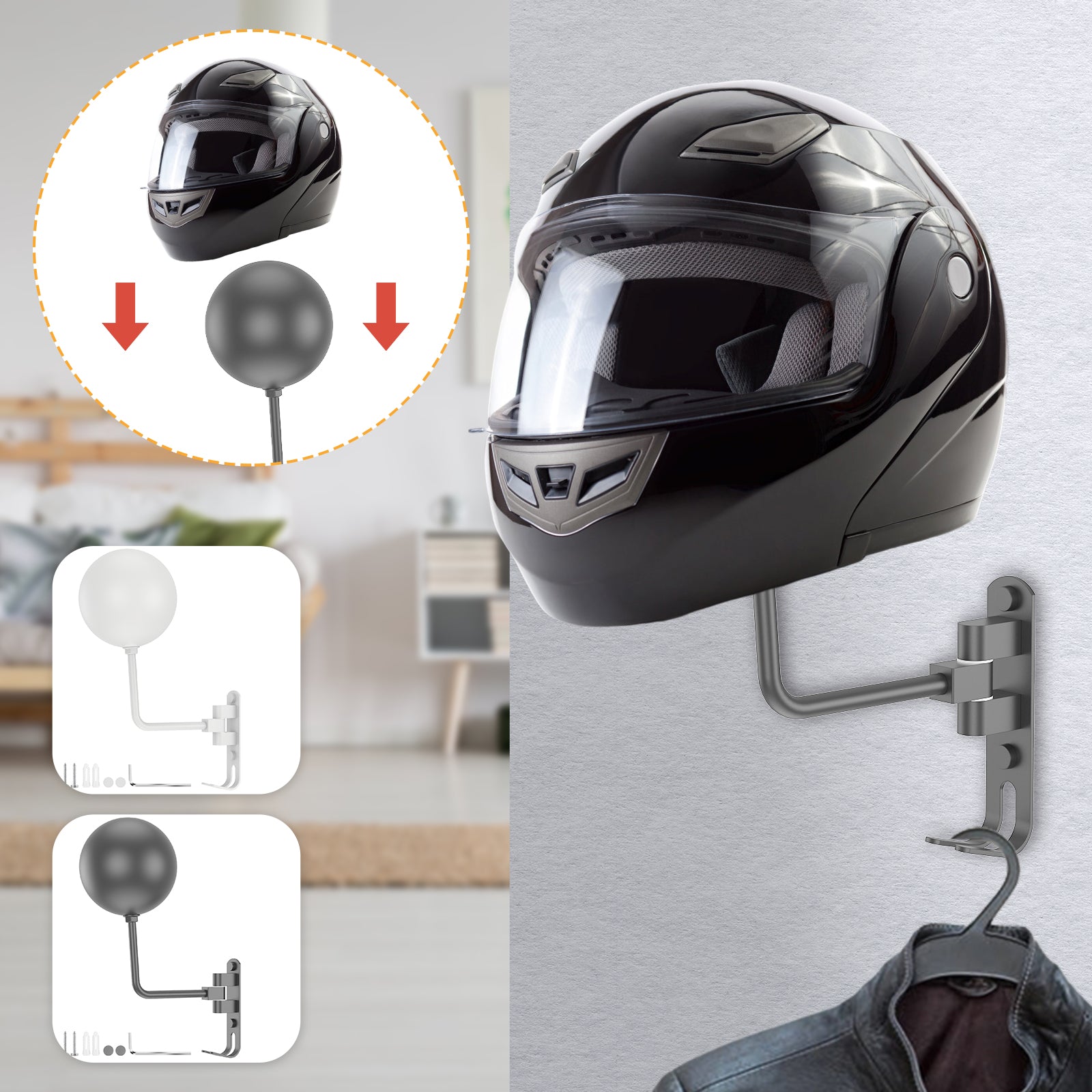Motorcycle Helmet Wall Mount 180 Rotation Hanger Steel Rack Storage Hook