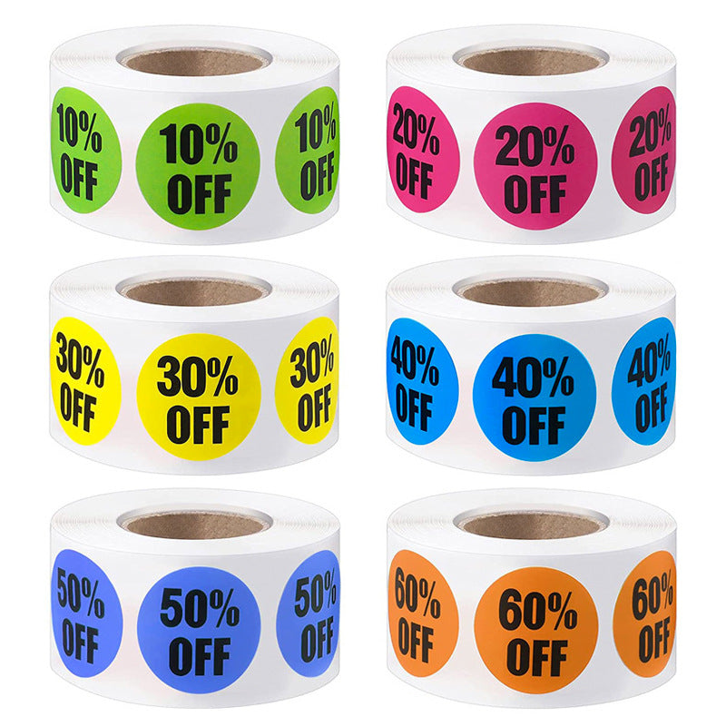 500pcs 10-60% Percent Sticker Roll, Adhesive Labels for Retail Store