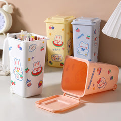 Desktop Trash Can Pen Holder with Cartoon Stickers - Creative Desk Wastebasket