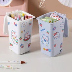 Desktop Trash Can Pen Holder with Cartoon Stickers - Creative Desk Wastebasket