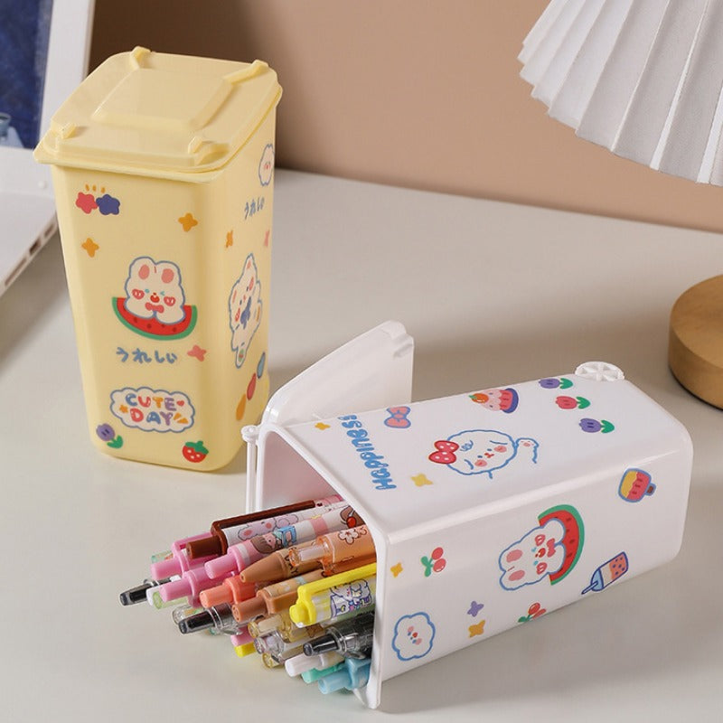 Desktop Trash Can Pen Holder with Cartoon Stickers - Creative Desk Wastebasket