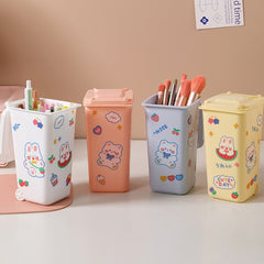 Desktop Trash Can Pen Holder with Cartoon Stickers - Creative Desk Wastebasket