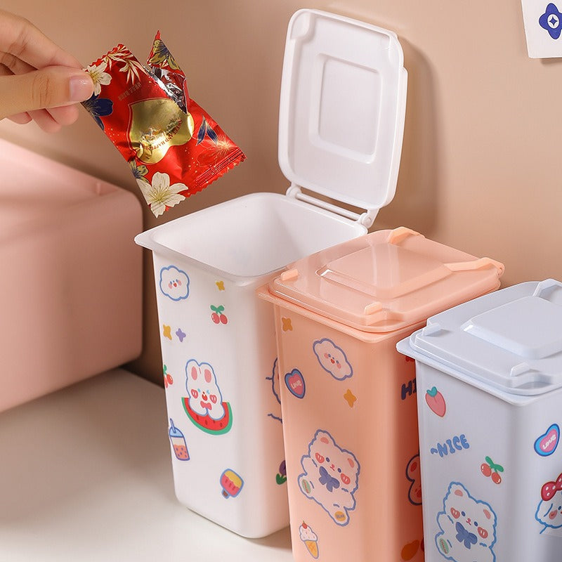Desktop Trash Can Pen Holder with Cartoon Stickers - Creative Desk Wastebasket