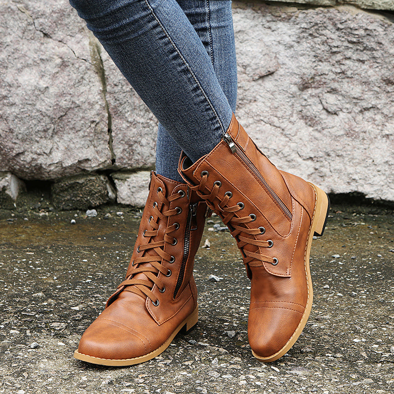 Women's Side Zip Hiking Boots Chunky Block Combat Outdoor Mid Calf Boots