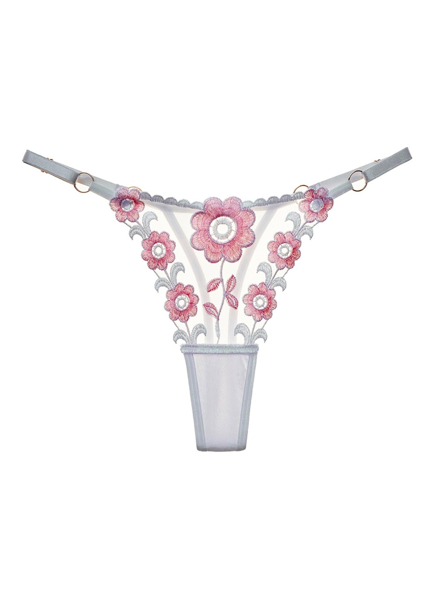 Floral Embroidery Mesh Thongs Colorblock Panties
