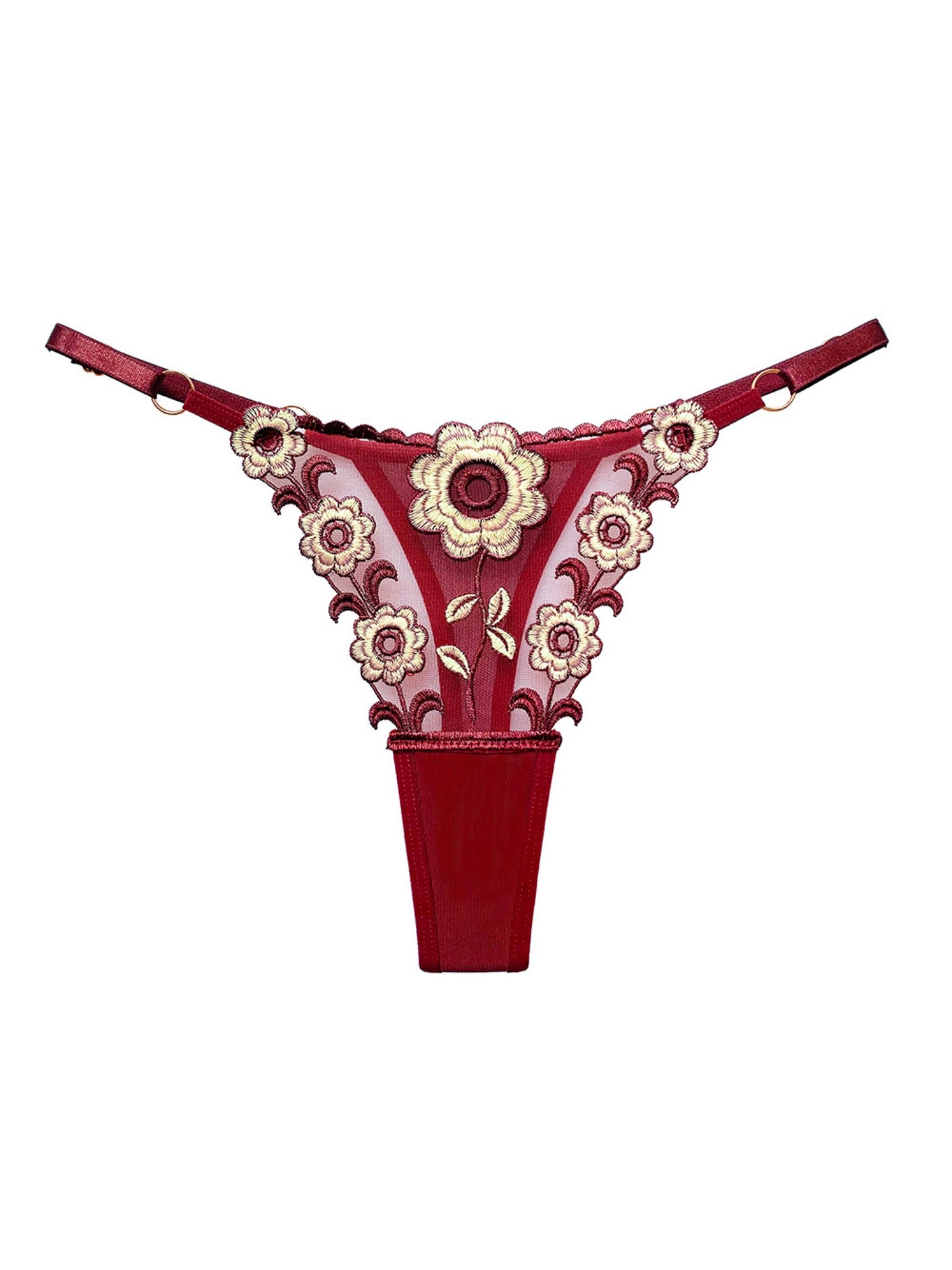 Floral Embroidery Mesh Thongs Colorblock Panties